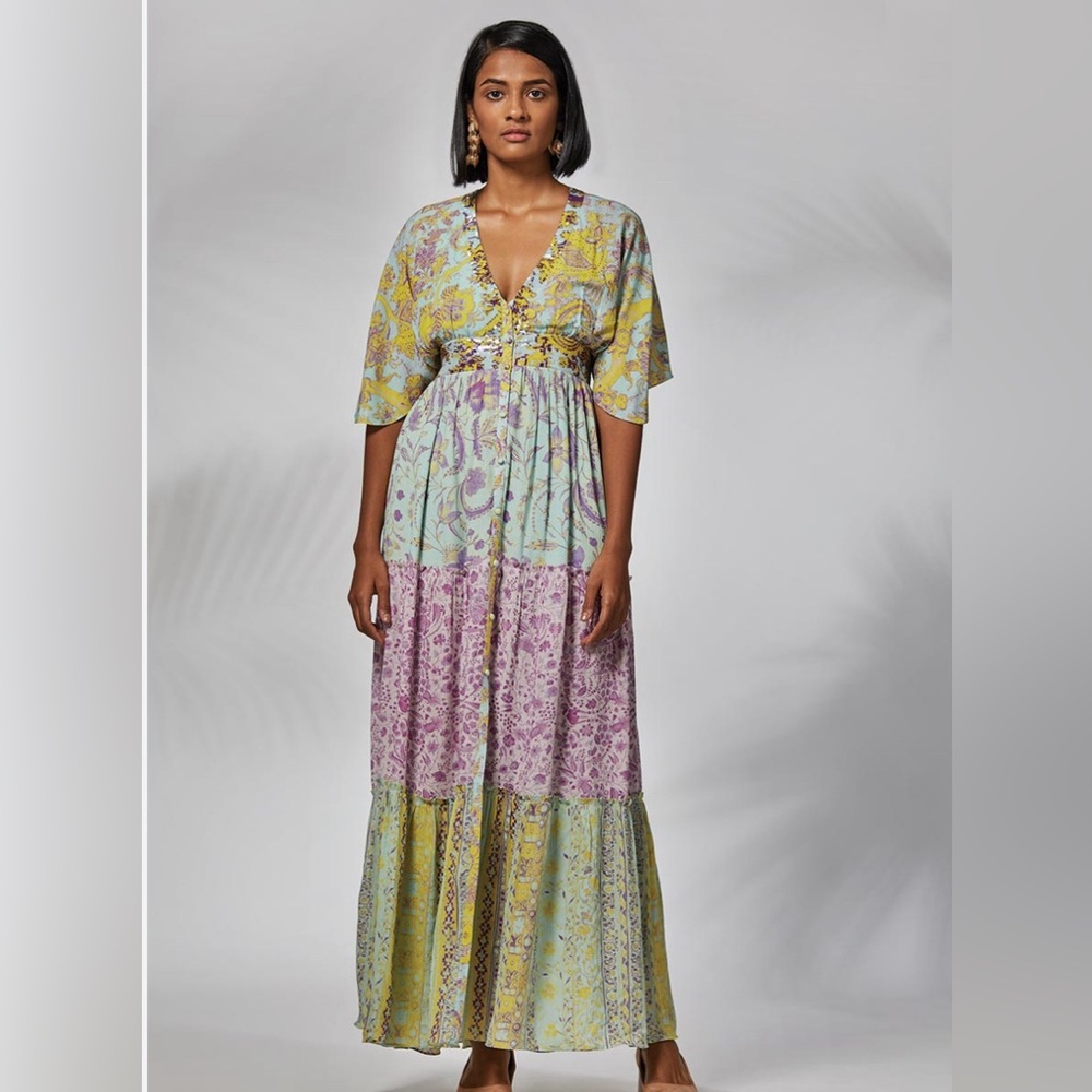 HEMANT & NANDITA Pastel Yellow, Mint & Lavender Floral Maxi Dress